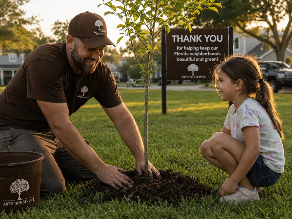 Art's Tree Service crew member planting a native Florida tree in a community park