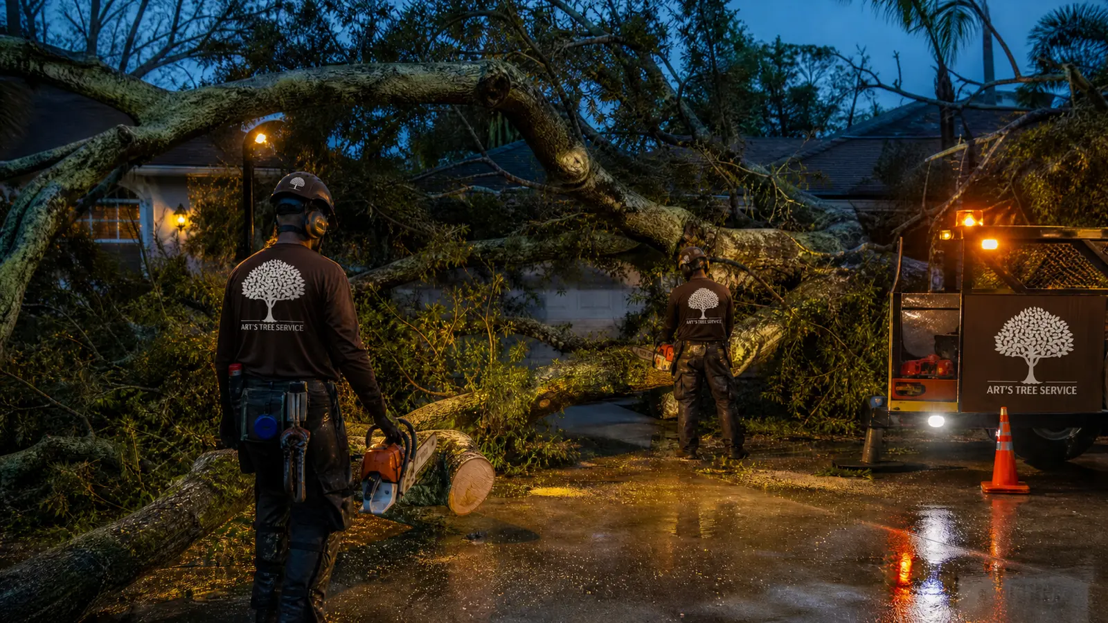 Storm-damaged tree fallen on a Florida home requiring emergency removal